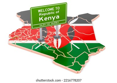 Billboard Welcome To Kenya On Kenyan Map, 3D Rendering Isolated On White Background