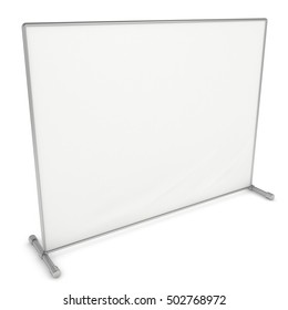 Billet Press Wall With Blank Banner. Mobile Trade Show Booth White And Blank. 3d Render Isolated On White Background. High Resolution Template For Your Design.