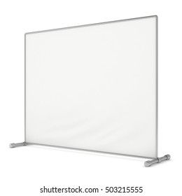 Billet Press Wall With Blank Banner. Mobile Trade Show Booth White And Blank. 3d Render Isolated On White Background. High Resolution Template For Your Design.