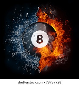 Billiard ball in fire and water. Illustration of the billiard ball enveloped in elements isolated on black background. High resolution billiard ball in fire and water image for a billiard game poster.