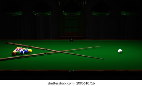 Billiard balls on the table with a cue. American billiards. 3D rendering.