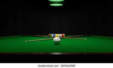 Billiard balls on the table with a cue. American billiards. 3D rendering.