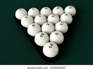 Billiard balls in white triangle rack. Billiards balls neatly arranged in a triangular rack on a green felt surface.