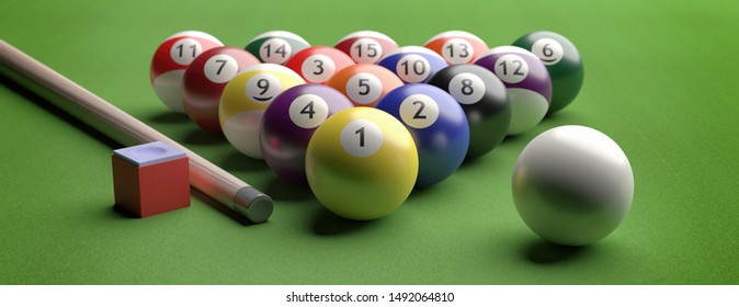 Billiard Table, Pool Balls Set In A Triangle Shape On Green Felt, Banner, Closeup View. 3d Illustration