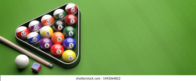 Billiard Table, Pool Balls Set In A Triangle Shape Rack On Green Felt, Banner, High Angle View, Copy Space. 3d Illustration