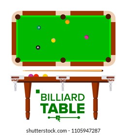 Billiard Table. Top, Side View. Green Classic Pool, Snooker Table. Flat Illustration