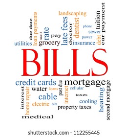 Bills Word Cloud Concept With Great Terms Such As Medical, Mortgage, Past Due, Pay, Taxes And More.