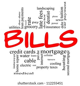 Bills Word Cloud Concept In Red And Black Letters With Great Terms Such As Medical, Mortgage, Past Due, Pay, Taxes And More.