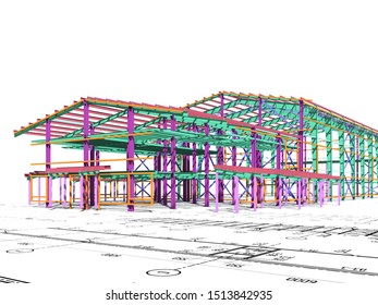 BIM building model of columns, beams, ties, girders. The metal structures are welded and bolted together. 3D rendering. The drawing of the building structure is made by an engineer.