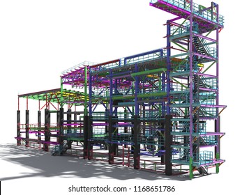 BIM model of a building made of metal construction, metal structure. 3D architectural, construction, industrial and engineering background. 3D rendering. Isolated.