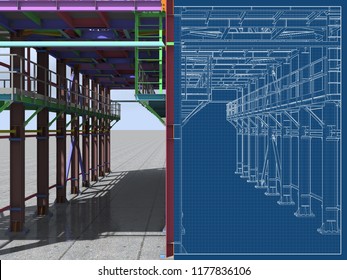 BIM model of a building made of metal structure. 3D architectural, construction, industrial and engineering background. Modern design drawings. 3D rendering. Blueprint.