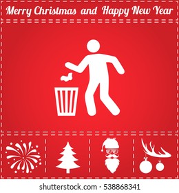 Bin And Man. Flat Symbol And Bonus Icons For New Year - Santa Claus, Christmas Tree, Firework, Balls On Deer Antlers