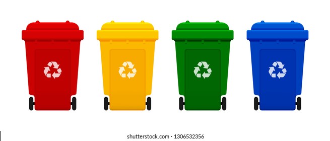bin plastic, four colorful recycle bins isolated on white background, red, yellow, green and blue bins with recycle waste symbol, front view of four recycle bin plastic, 3r