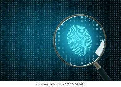 Binary code backdrop with magnifier and finger print. Biometrics and computing concept. 3D Rendering 