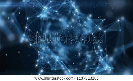Binary code flying in an abstract technological tunnel with a geometric surface. Abstract tunnel grid. Can be used as digital dynamic wallpaper, technology background 3d illustration