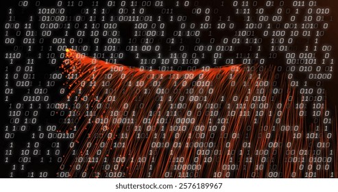 Binary code image over fiber optic cables on dark background. Cybersecurity, technology, data, networking, digital, communication