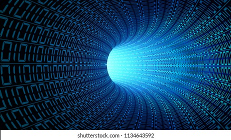 Binary Code Numbers In Blue Abstract Speed Motion In Highway Tunnel For Technology Background, Digial Data In Computer. Fast Moving Toward The Light. 3d Illustration