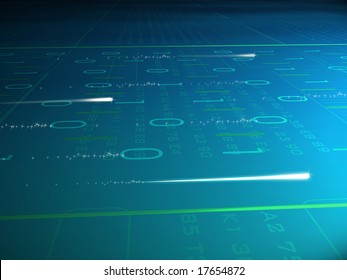 Binary code streaming across a teal colored surface.