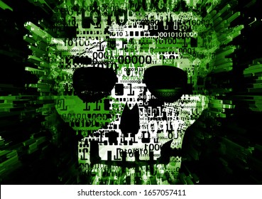 Binary codes Skull,Computer virus concept.
Illustration of Abstract Skull sign on green background with binary codes. Concept for online piracy, hacking.