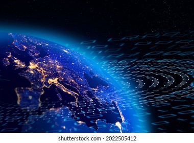 Binary Data Flow Around Planet Earth, European City Lights Visible. Digital Communication 3d Concept. Some Elements Of The Image Furnished By NASA.