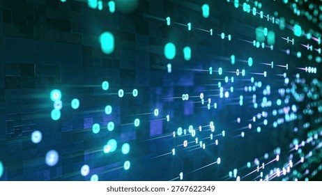 Binary digits 1 and 0 race through a tiled three-dimensional corridor in a dark cyberspace environment, glowing in cyan and teal tones. The code stream travels across layered digital architecture, useful for cybersecurity and big data visuals.