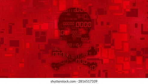 Binary digits cascading, tiles jittering, skull-and-crossbones glyph emerging in security warning. Glitch, cyber, matrix, red, grid, pixel, digital