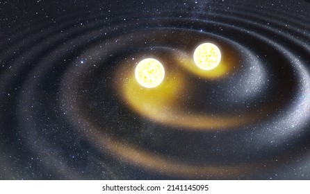 Binary star system generating gravity waves. Gravity and astrophysics concept. 3D rendered illustration.