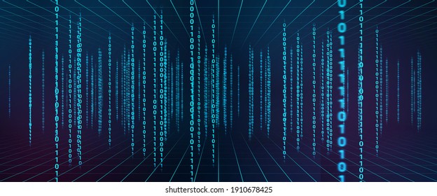 Binay data 0 and 1 matrix code chains tunnel background illustration. hi tech style digital number computer technology.