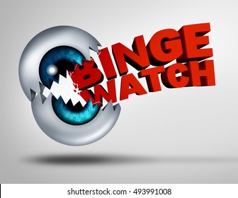 Binge Watch Concept And Watching Consecutive Cable Episodes Of A Television Or TV Series Or Multiple Movie On Demand As A Marathon Viewing Of Video Media As A 3D Illustration Of An Eye Ball.