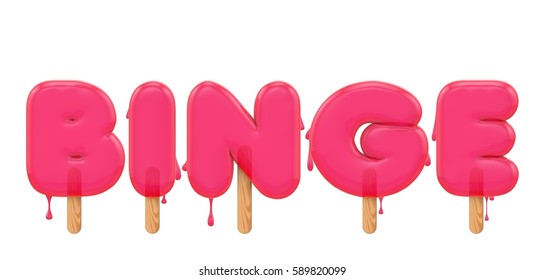 Binge - word made from a melting ice lolly font. 3D rendering