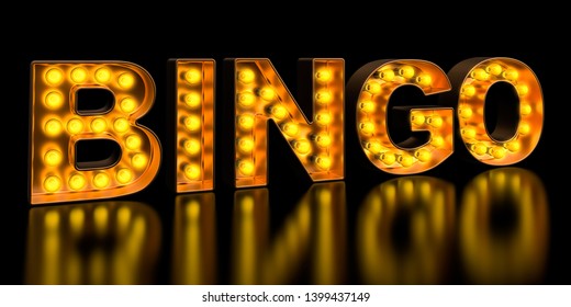 Bingo Signboard From Golden Light Bulb Letters, Retro Glowing Font. 3D Rendering