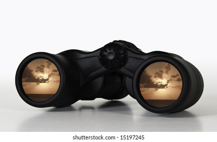 Binoculars showing a rosy sunset giving an illustration of a secure future or a happy retirement - Powered by Shutterstock