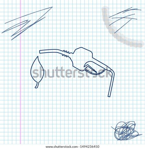 Bio fuel concept with fueling nozzle and leaf line\
sketch icon isolated on white background. Natural energy concept.\
Gas station gun sign