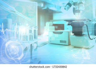 biochemistry study texture or background, conceptual medical 3D illustration - test-tubes and microscope in facility - Shutterstock ID 1732430842