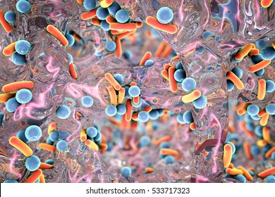 Biofilm of antibiotic resistant bacteria. Rod-shaped and spherical bacteria. Escherichia coli, Pseudomonas, Mycobacterium tuberculosis, Klebsiella, Staphylococcus aureus, MRSA. 3D illustration