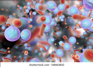 Biofilm Of Antibiotic Resistant Bacteria. Small Red Spheres Are Quorum Sensing Molecules Used For Bacterial Communication Inside Biofilm. 3D Illustration