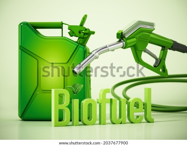 Biofuel word standing next to green gas\
tank and gas pump. 3D\
illustration.