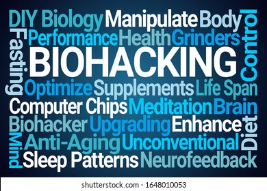 Biohacking Word Cloud on Blue Background
