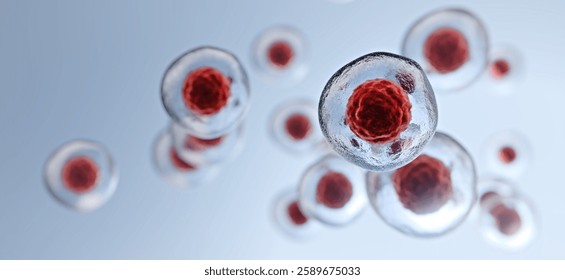 Biological Stem Cells Under Microscope - Medical and Scientific Research. 3D Illustration