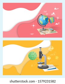 Biology Discipline In School, Geography Subject Raster. Globe Model Of Planet Earth, Population And Compass Signs. Microorganism Research Discovery