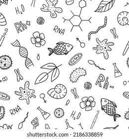 Biology Doodle Seamless Pattern. Education And Study Concept. Biology Sketchy Background For Notebook, Sketchbook, Colouring Book.