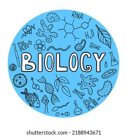 Biology Doodle Set Isolated On White Background. Education And Study Concept. Biology Sketchy Background For Notebook, Sketchbook.