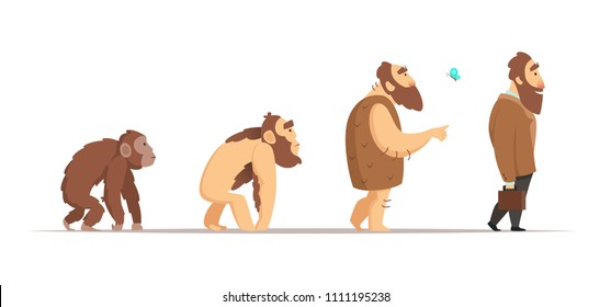 Biology evolution of homo sapiens. characters in cartoon style. Biology human and neanderthal man, animal monkey progress illustration