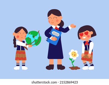 Biology And Geography. Kids With Teacher, College Or Preschool Children In Uniform. Girls Love Planet And Nature, Ecology Concept