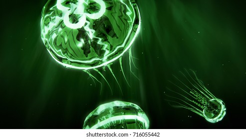 Bioluminescent green Jellyfish in deep dark ocean waters Background 3D illustration