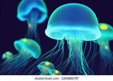 Bioluminescent Jellyfish In The Deep Sea