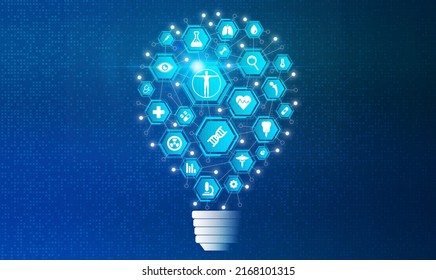 Biomedical Engineering And Biomedical Applications Concept With Biology And Medical Technology Icons On Abstract Light Bulb