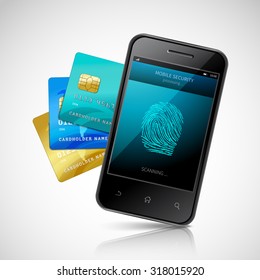 Biometric Mobile Payment Concept With Realistic Smartphone With Fingerprint Login Application And Credit Cards Set  Illustration