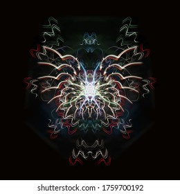 Bioorphic, geometrical  pattern design made of spiraling electric red, green, blue, & orange lights, creating a mystical winged-being graphic form on a tileable square black background.