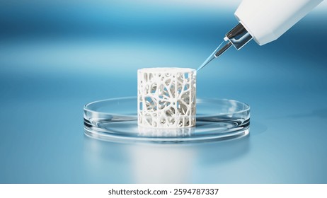 Bioprinted bone sample in petri dish. Innovation in transplantology medicine technology. Bio engineering concept. 3d render illustration. 3D Illustration
